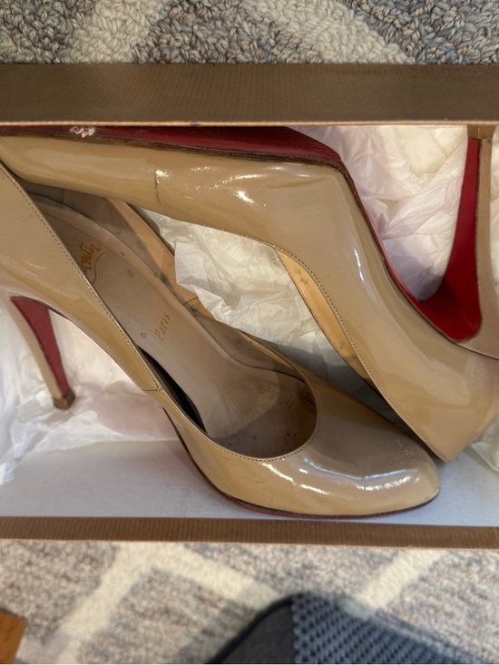 Christian Louboutin Shoes - Christian Louboutin Beige Patent Leather Pointed-Toe Pumps with Red Sole